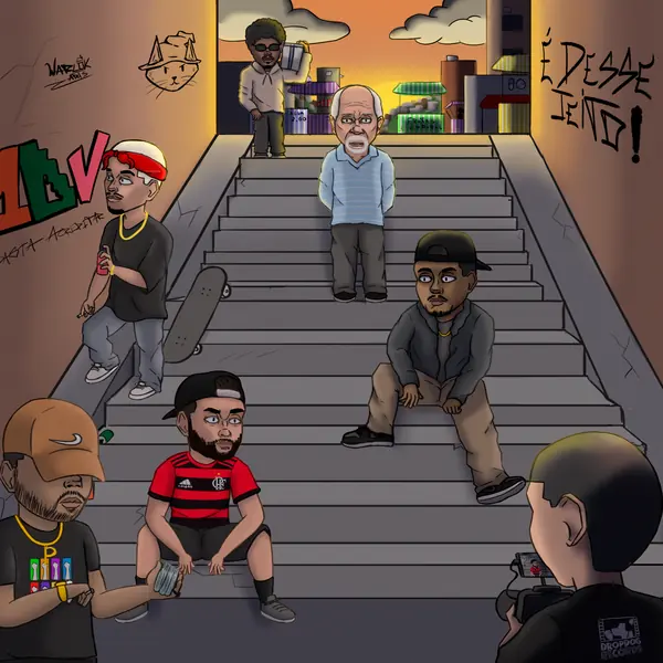 Capa do single É Desse Jeito: ilustração dos integrantes do 1DV e convidados numa escadaria, com o grafite 1DV e É Desse Jeito no muro