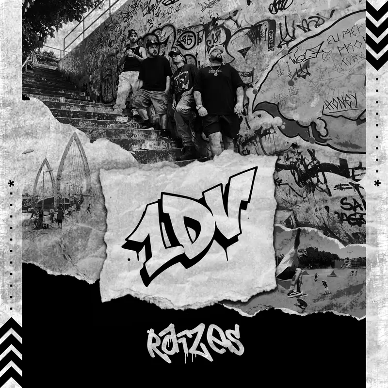 Capa do EP Raízes do 1DV: os integrantes numa escadaria grafitada, o logo em papel rasgado e o título Raízes em letra de grafite