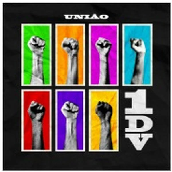 Capa do single União: ilustração colorida com punhos erguidos e o logo 1DV