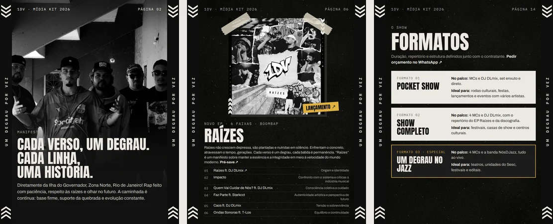 Três páginas do mídia kit na versão vertical: manifesto, EP Raízes e formatos de show